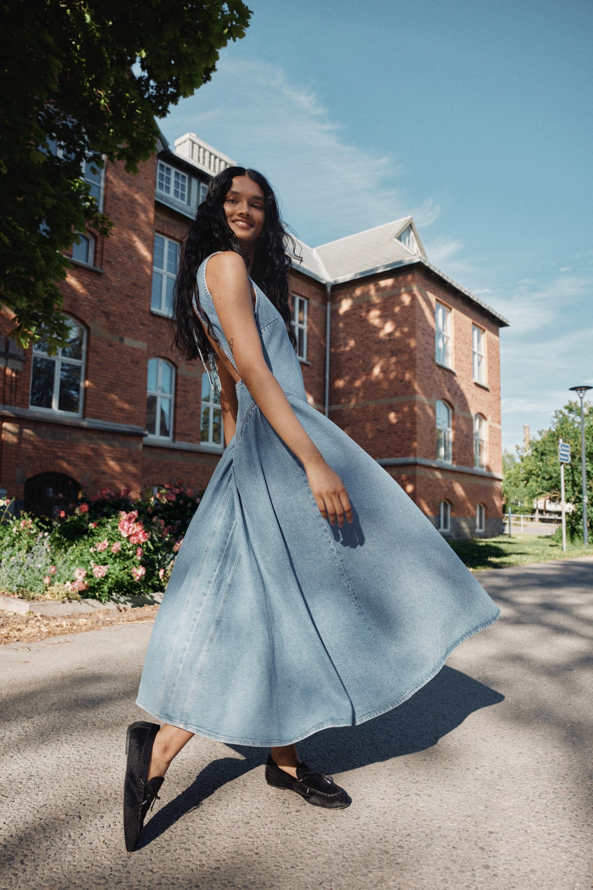 Open-back denim dress